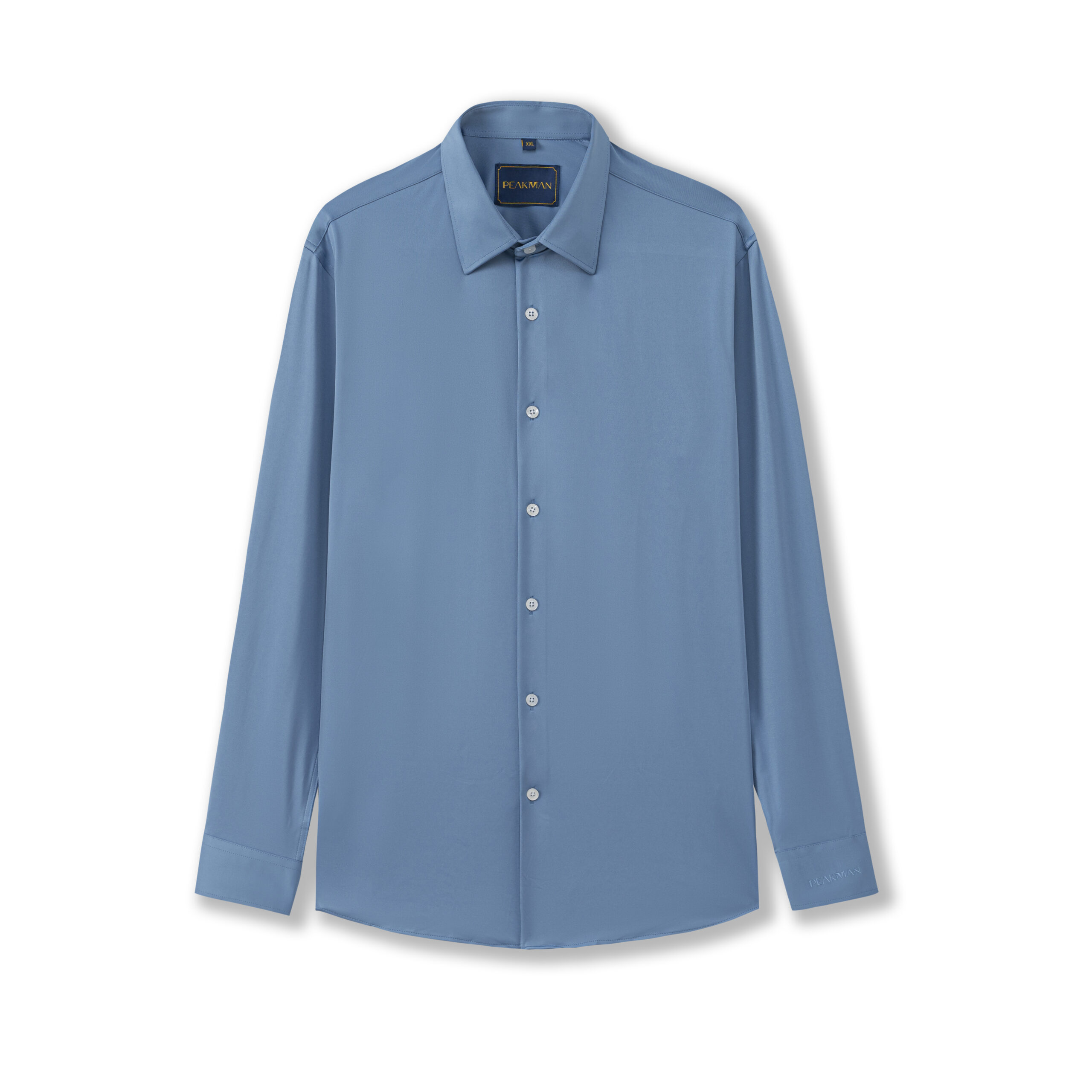 Áo sơ mi xanh co dãn tay thêu cổ đức-SM5018